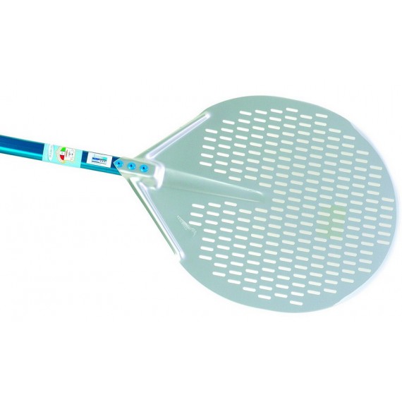 PALA PER PIZZA IN ALLUMINIO RETTANGOLARE FORATA CM.33x33 MANICO 120 CM. AZZURRA
