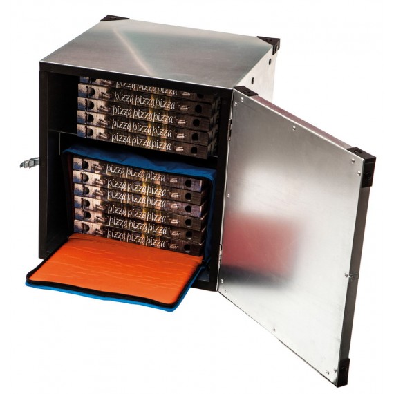 BOX RIGIDO CON GUIDE COIBENTATO PER TRASPORTO PIZZA PER 12 CARTONI DA 33 CM.