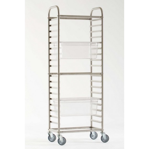 CARRELLO IN ACCIAIO INOX PER 18 TEGLIE 1/1 O 9 TEGLIE GASTRONORM 2/1 H. 6,5 CM.