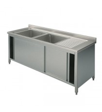 Lavatoio armadiato 2 vasche con sgocciolatoio destro e porte scorrevoli profondità 700mm