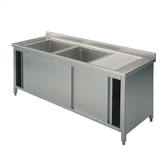 Lavatoio armadiato 2 vasche con sgocciolatoio destro e porte scorrevoli profondità 700mm