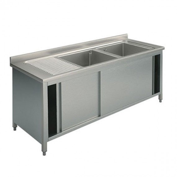Lavatoio armadiato 2 vasche con sgocciolatoio sinistro e porte scorrevoli profondità 700mm