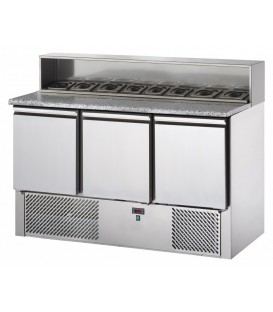 Saladette 3 porte con piano in granito e alzata in acciaio inox, predisposta per 8 vaschette GN1/6 mod SL03AI