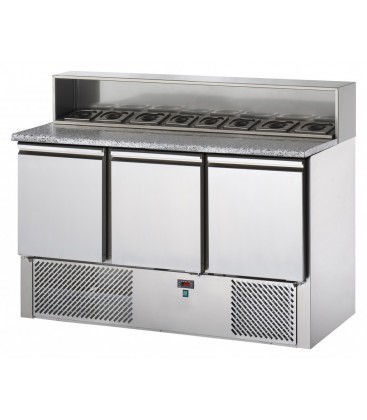 Saladette 3 porte con piano in granito e alzata in acciaio inox, predisposta per 8 vaschette GN1/6 mod SL03AI