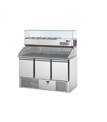 Saladette 3 porte con cassettiera a sinistra, piano e alzata in granito e vetrina refrigerata mod SL03PZVR4/C2SLSX