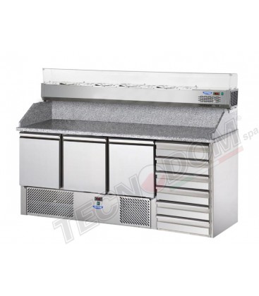 Saladette 3 porte, 6 cassetti e piano in granito con vetrina refrigerata mod SL03C6VR4