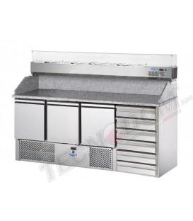 Saladette 3 porte con cassettiera a destra, 6 cassetti e piano in granito con vetrina refrigerata mod SL03C6VR4/C2SLDX