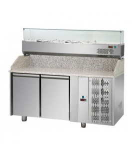 Tavolo refrigerato pizza GN1/1 con 2 porte e piano in granito e vetrina refrigerata 6xGN1/3 mod PZ02EKOGN+VR3160VD