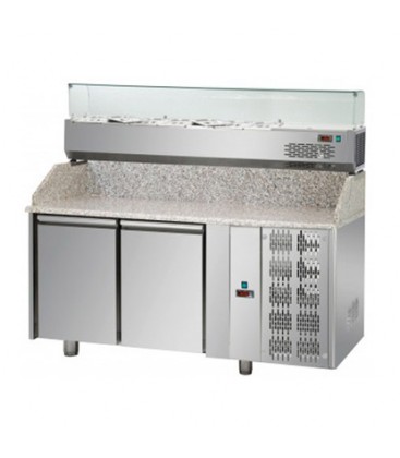 Tavolo refrigerato pizza GN1/1 con 2 porte e piano in granito e vetrina refrigerata 6xGN1/3 mod PZ02EKOGN+VR3160VD