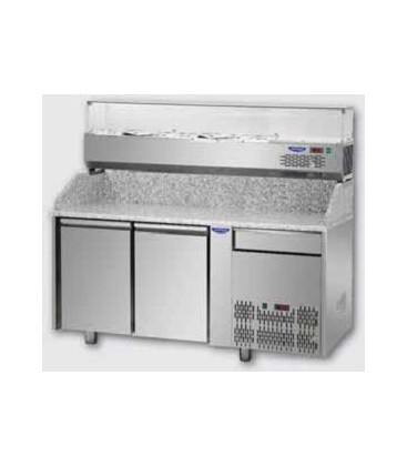 Tavolo refrigerato pizza GN1/1 con 2 porte, un cassetto neutro  e piano in granito e vetrina refrigerata mod PZ02EKOC1+VR3160VD