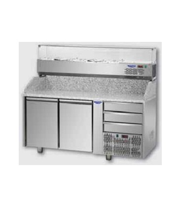 Tavolo refrigerato pizza GN1/1 con 2 porte, 3 cassetti neutri  e piano in granito e vetrina refrigerata mod PZ02EKOC3+VR3160VD