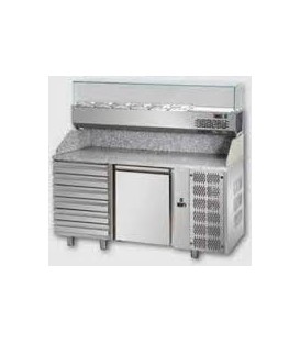 Tavolo refrigerato pizza GN1/1 con 1 porta, 6 cassetti neutri e piano in granito e vetrina refrigerata mod PZ02EKOC6+VR3150VD
