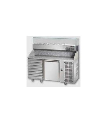 Tavolo refrigerato pizza GN1/1 con 1 porta, 6 cassetti neutri e piano in granito e vetrina refrigerata mod PZ02EKOC6+VR3150VD