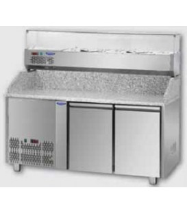 Tavolo refrigerato pizza GN1/1 a 2 porte, motore a sinistra, piano in granito, vetrina refrigerata mod PZ02EKOGNSX+VR3160VDSX