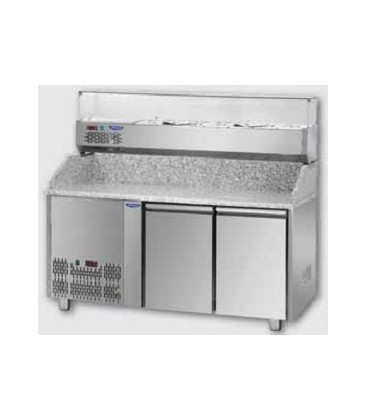 Tavolo refrigerato pizza GN1/1 a 2 porte, motore a sinistra, piano in granito, vetrina refrigerata mod PZ02EKOGNSX+VR3160VDSX